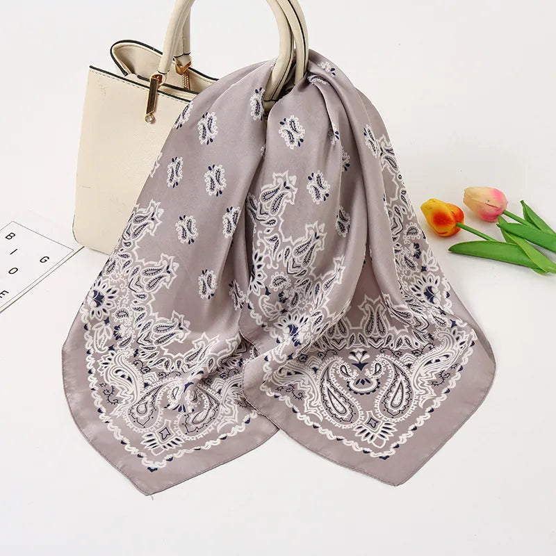Pañuelos de seda estampados geométricos satinados dulces para mujer - FJ028-3 Gris / 70-70cm
