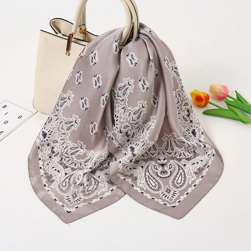 Pañuelos de seda estampados geométricos satinados dulces para mujer - FJ028-3 Gris / 70-70cm