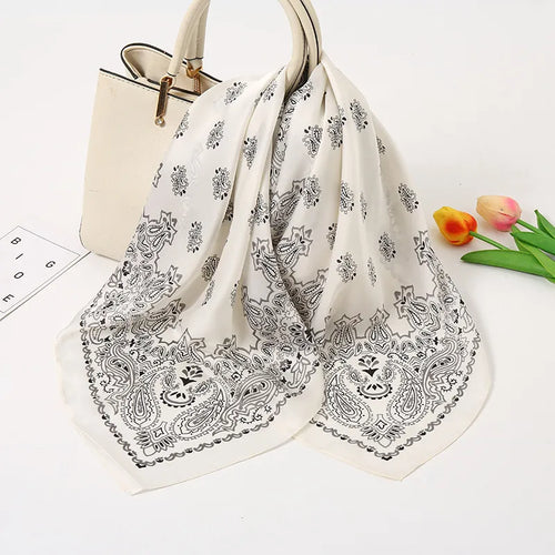 Lenços de seda femininos com estampagem geométrica doce em cetim - FJ028-2 Branco / 70-70cm