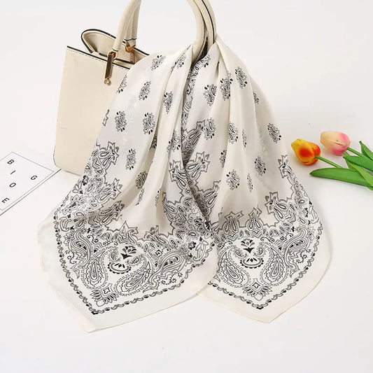 Lenços de seda femininos com estampagem geométrica doce em cetim - FJ028-2 Branco / 70-70cm