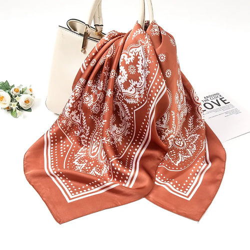 Lenços de seda em cetim com estampa geométrica para mulher - FJ016-4 Castanho Café / 70-70cm