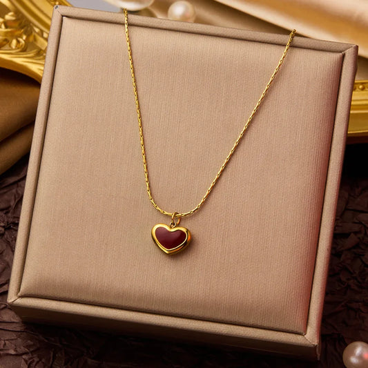 Red Heart Necklace - Gold Titanium Steel