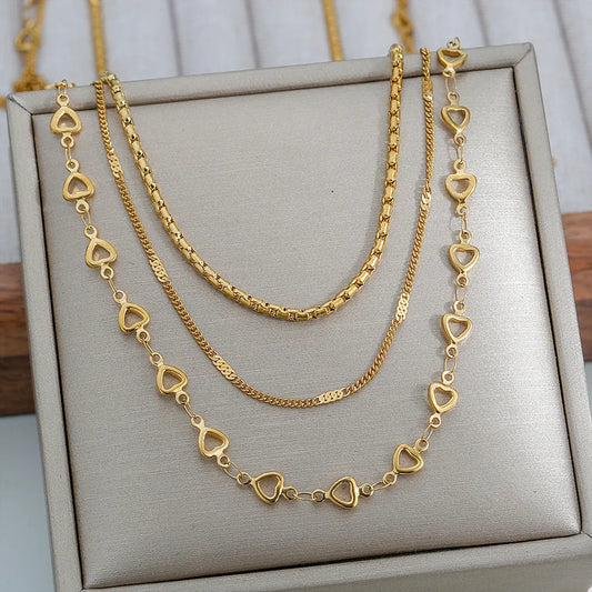 3-Layer Gold Chain Necklace Set – Box, Curb & Heart Link | Serenyah