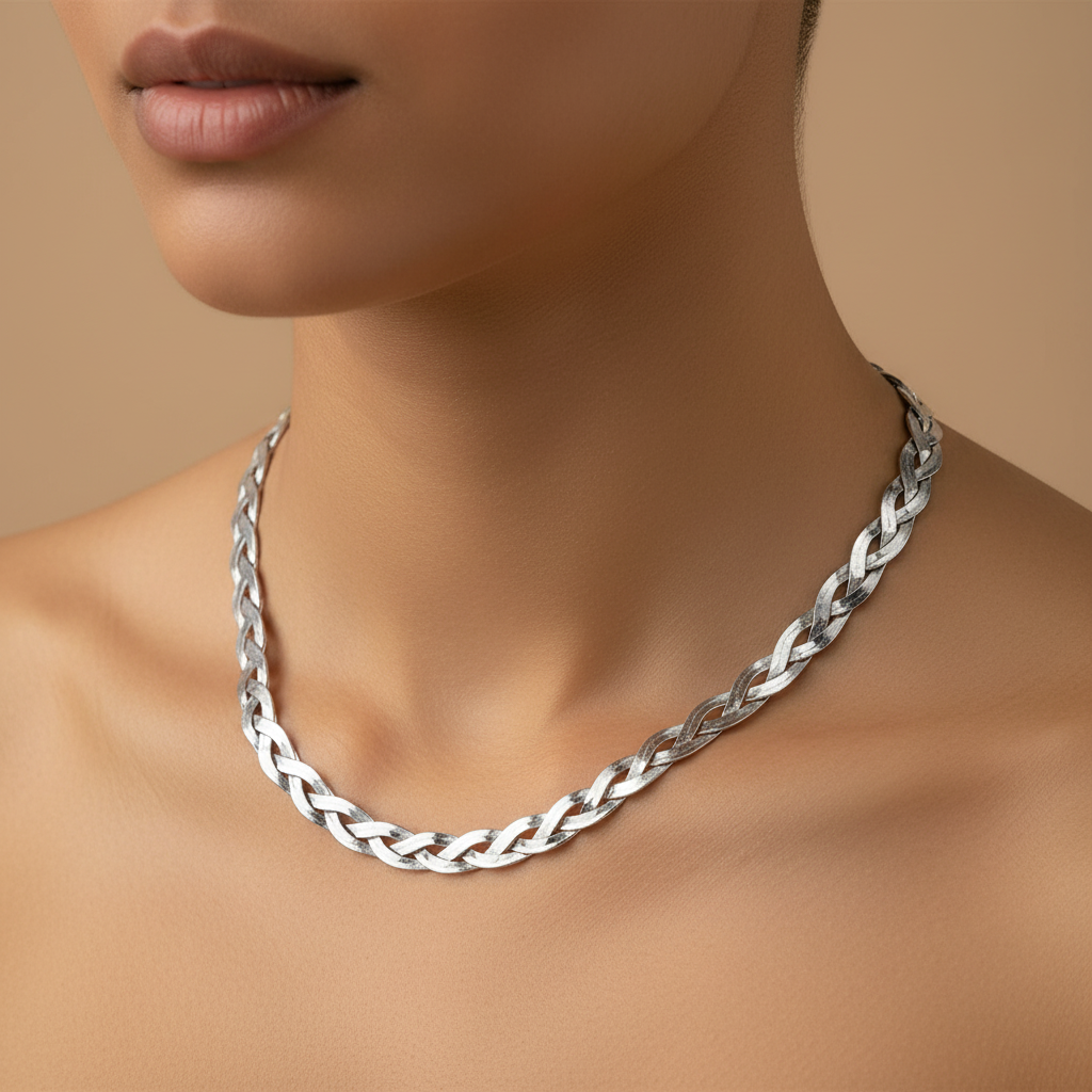 Silver Braided Chain Necklace – Collarbone Close-up