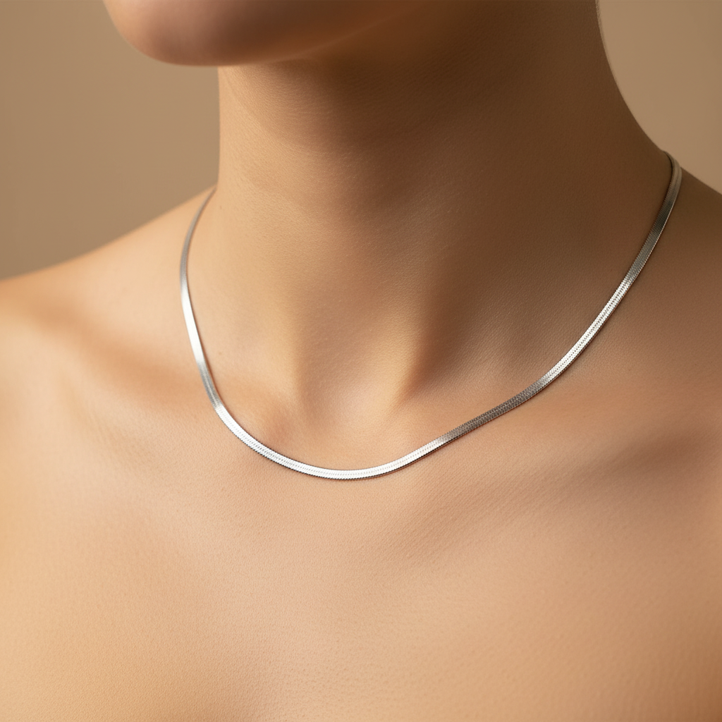Silver Herringbone Snake Chain – Ultra-Realistic Collarbone Close-up